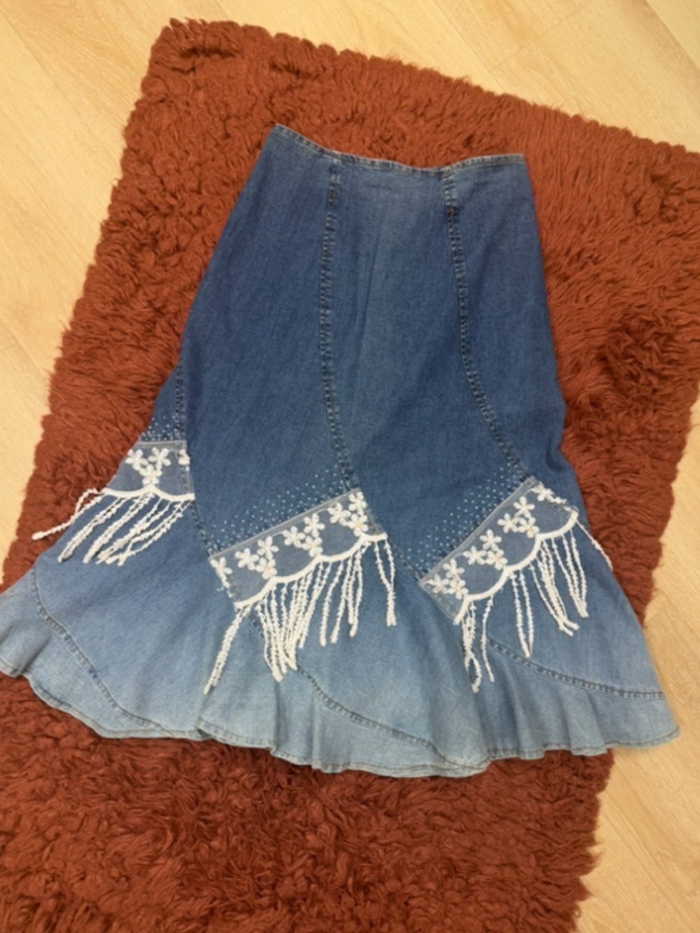 Vintage Blue Denim Midi mermaid stretch Skirt White Lace Fringe S/M